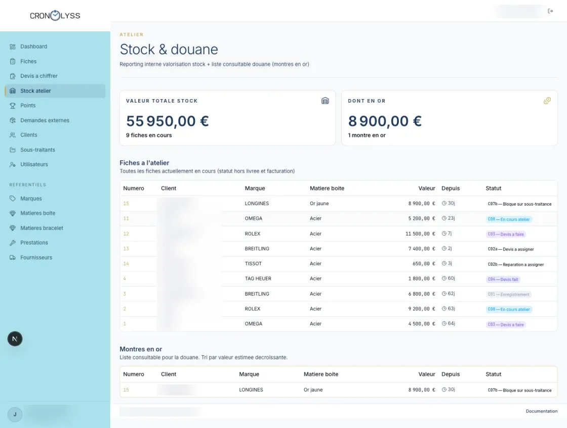 Vue Stock et douane de l'application Cronolyss