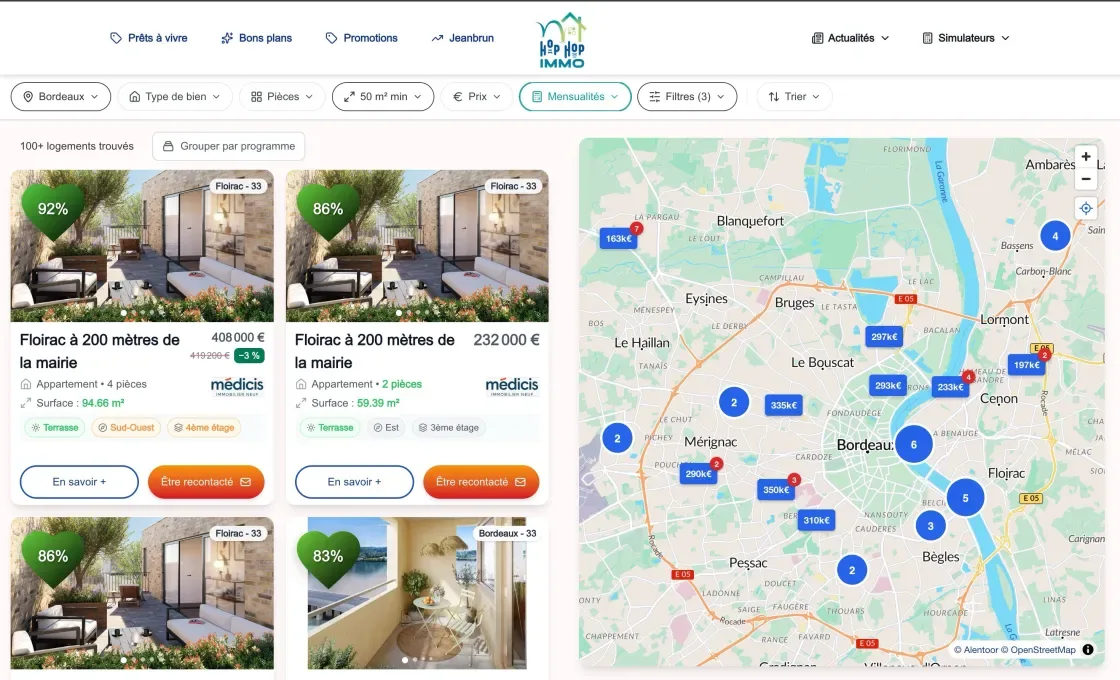 Recherche de biens HopHopImmo avec carte