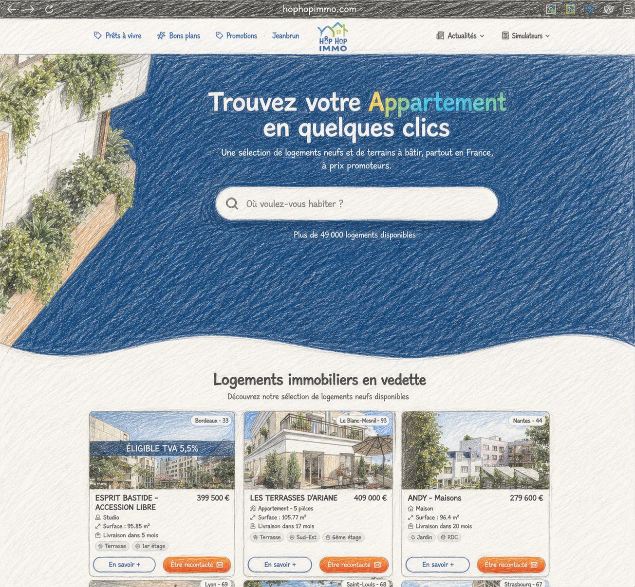 Capture d'écran de la page d'accueil de HopHopImmo, plateforme de mise en relation entre acquéreurs, promoteurs et agences pour les programmes immobiliers neufs