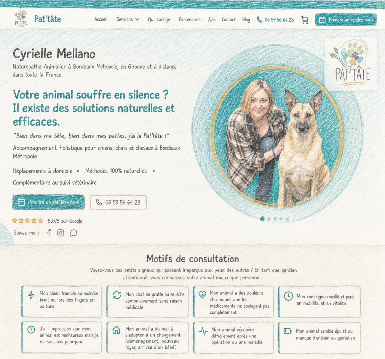 Capture d'écran de la page d'accueil du site Pat'tâte, cabinet de naturopathie animalière à Bordeaux Métropole — illustration de Cyrielle Mellano avec un chien sur fond turquoise